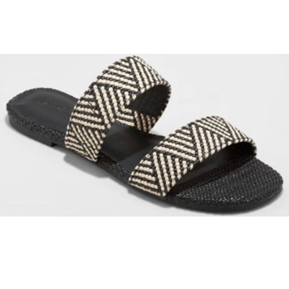 UNIVERSAL THREAD NWOT Woven Slide Sandal Flat Double Strap Black Cream Size 7 - Picture 1 of 10